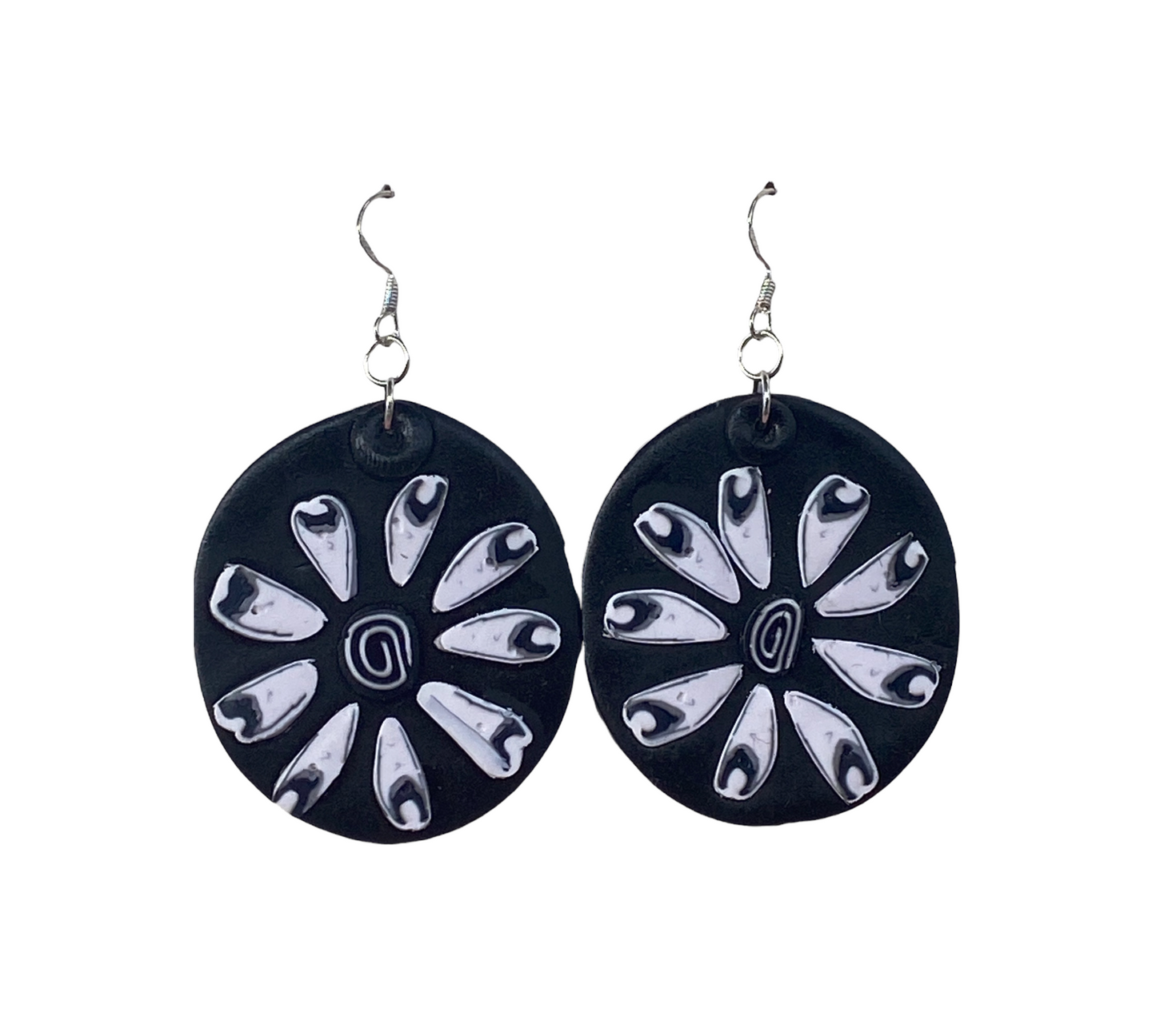 Polymer Clay Circle Large Dangle Earrings / Black & White