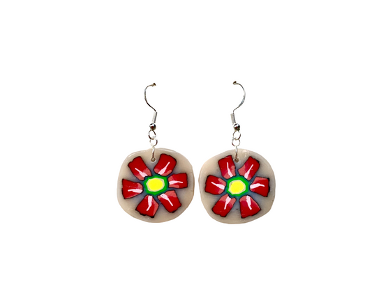Polymer Clay Circle Medium Dangle Earrings / Red, yellow, green and white