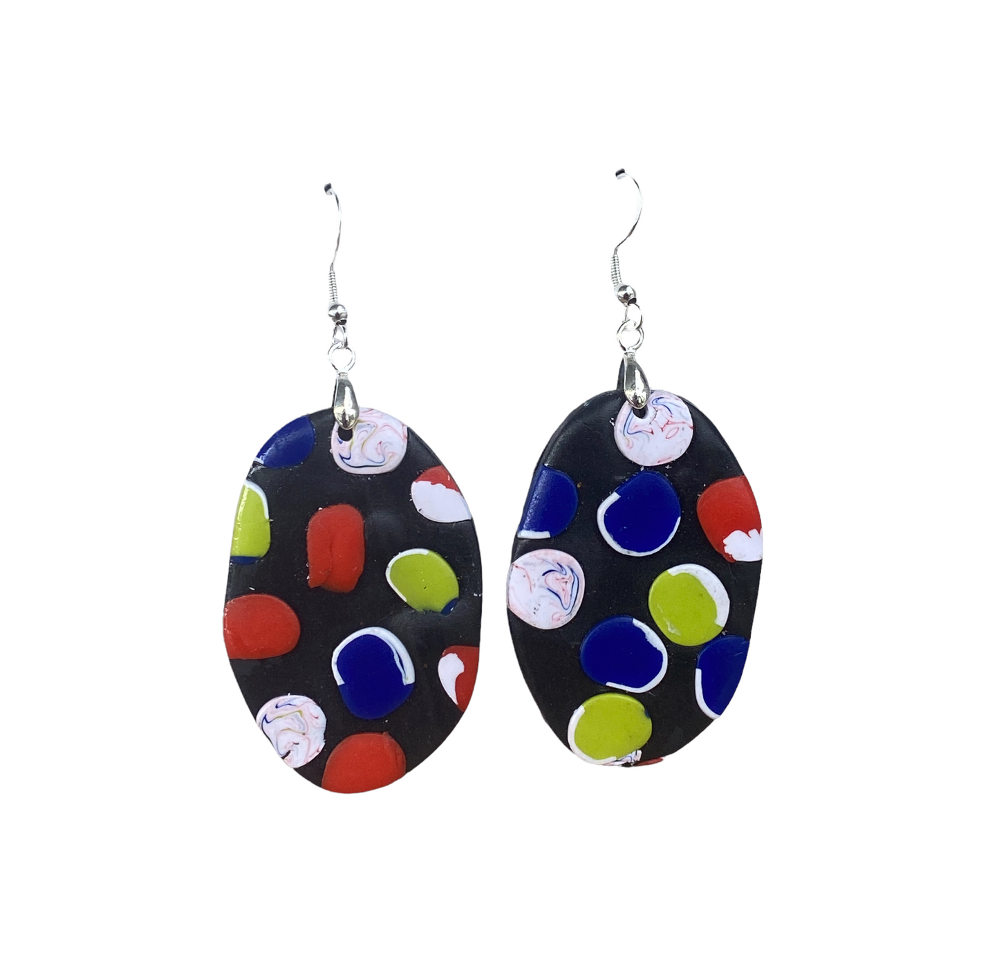 Polymer Clay Oval Large Dangle Earrings / Black with Colourful Spots