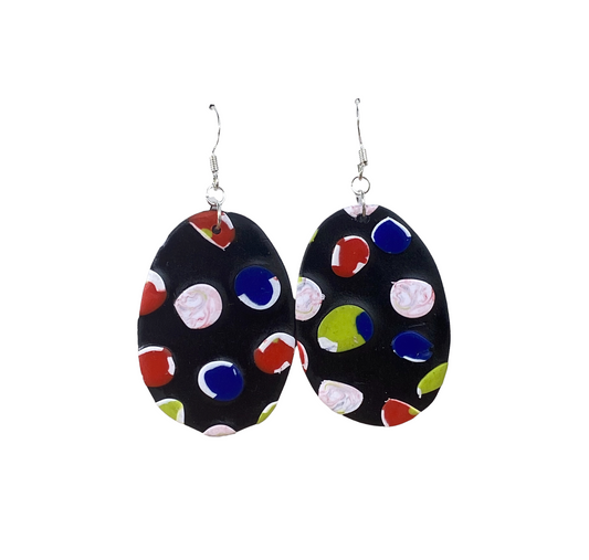 Polymer Clay Oval Large Dangle Earrings / Black with Colourful Spots