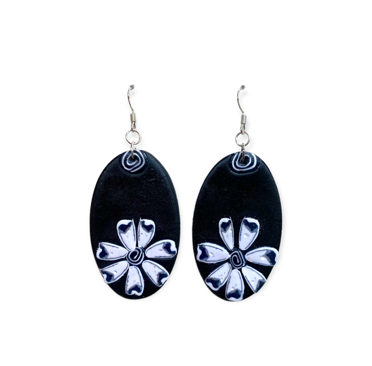 Polymer Clay Oval Large Dangle Earrings / Black & White