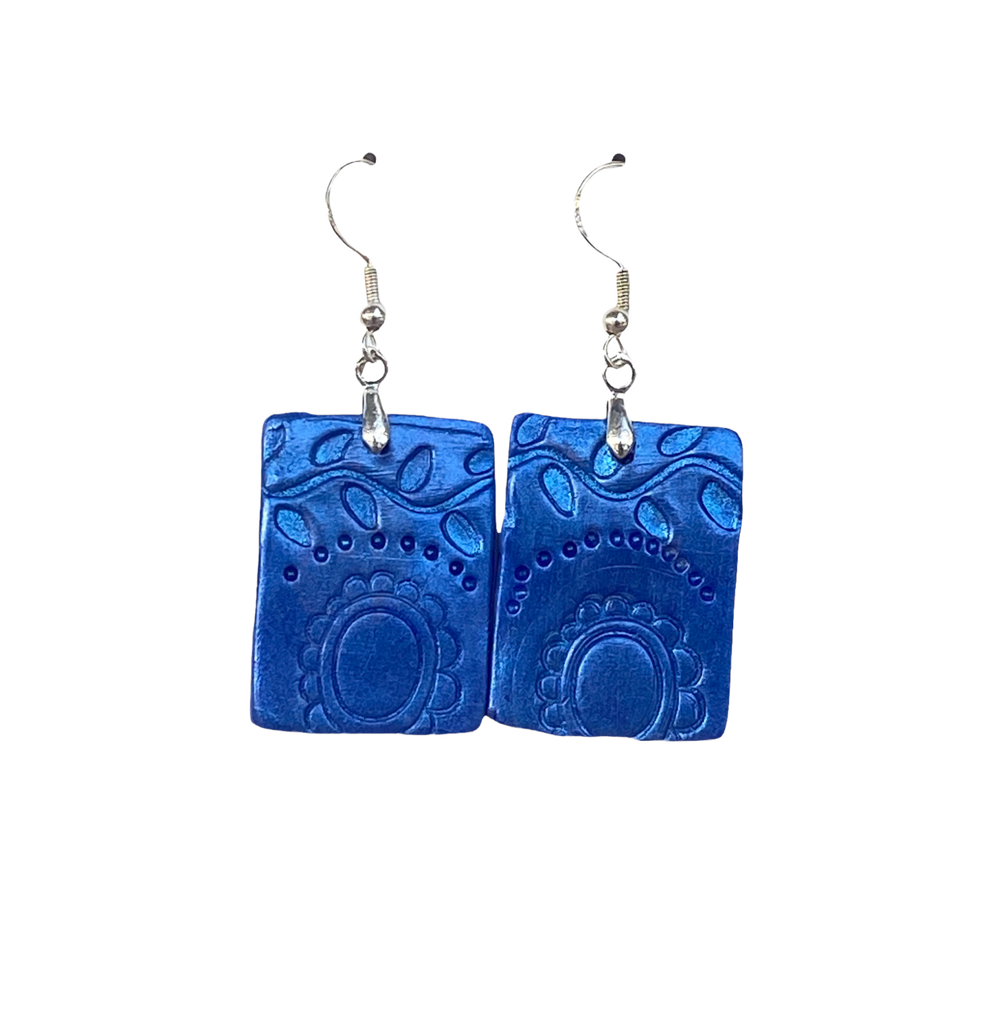 Polymer Clay Rectangle Medium Dangle Earrings /Textured Dark Blue Colour