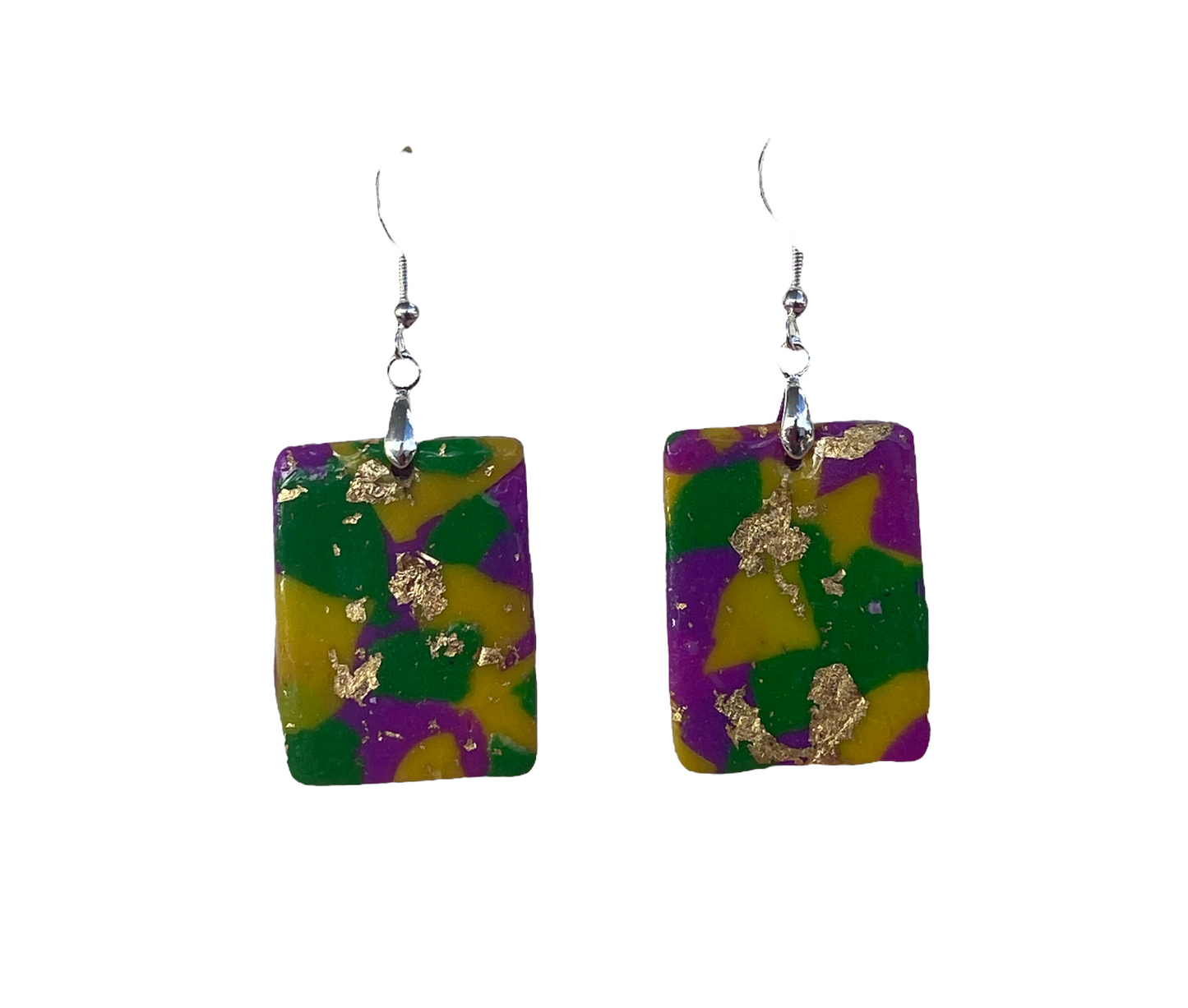 Polymer Clay Rectangle Medium Dangle Earrings / Purple Yellow and Green