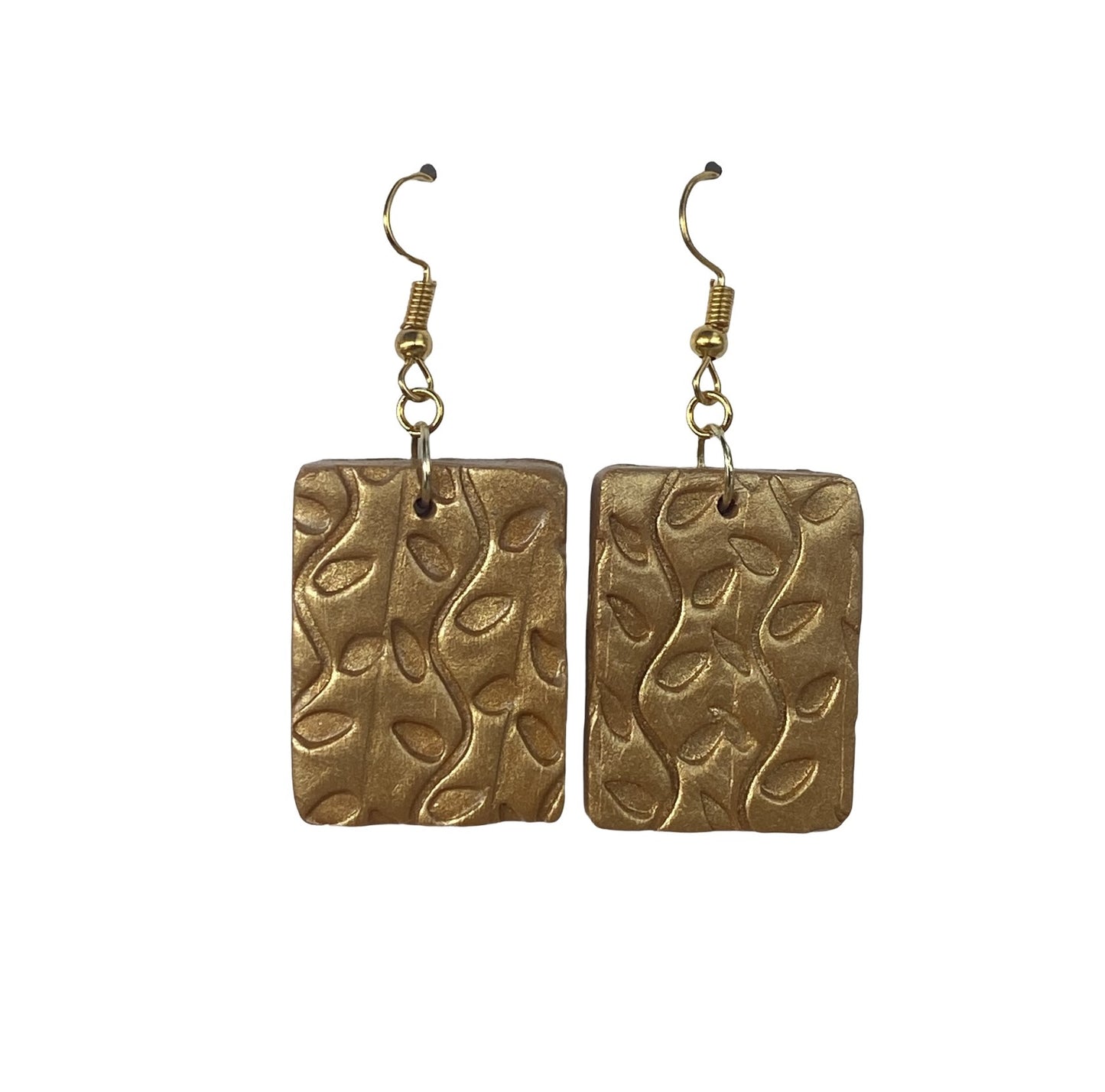 Polymer Clay Rectangle Medium Dangle Earrings / Textured Gold Colour