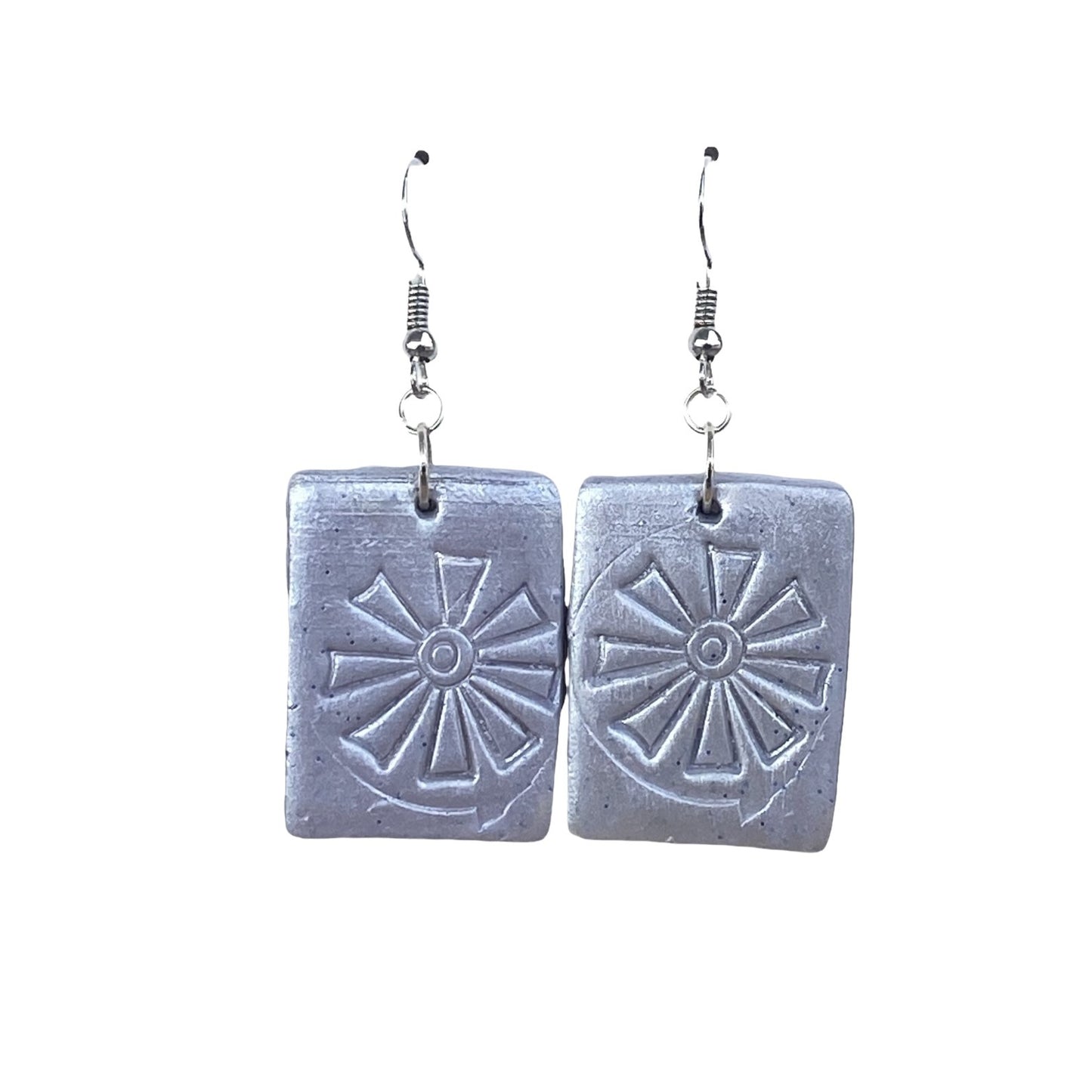 Polymer Clay Rectangle Medium Dangle Earrings /Textured Silver Colour