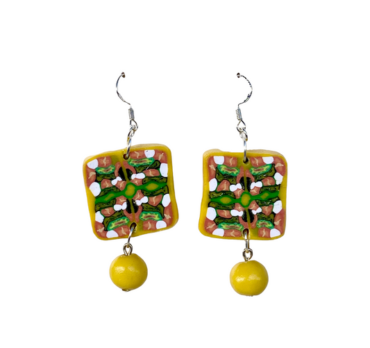 Polymer Clay Square Medium Dangle Earrings / Yellow & Colourful