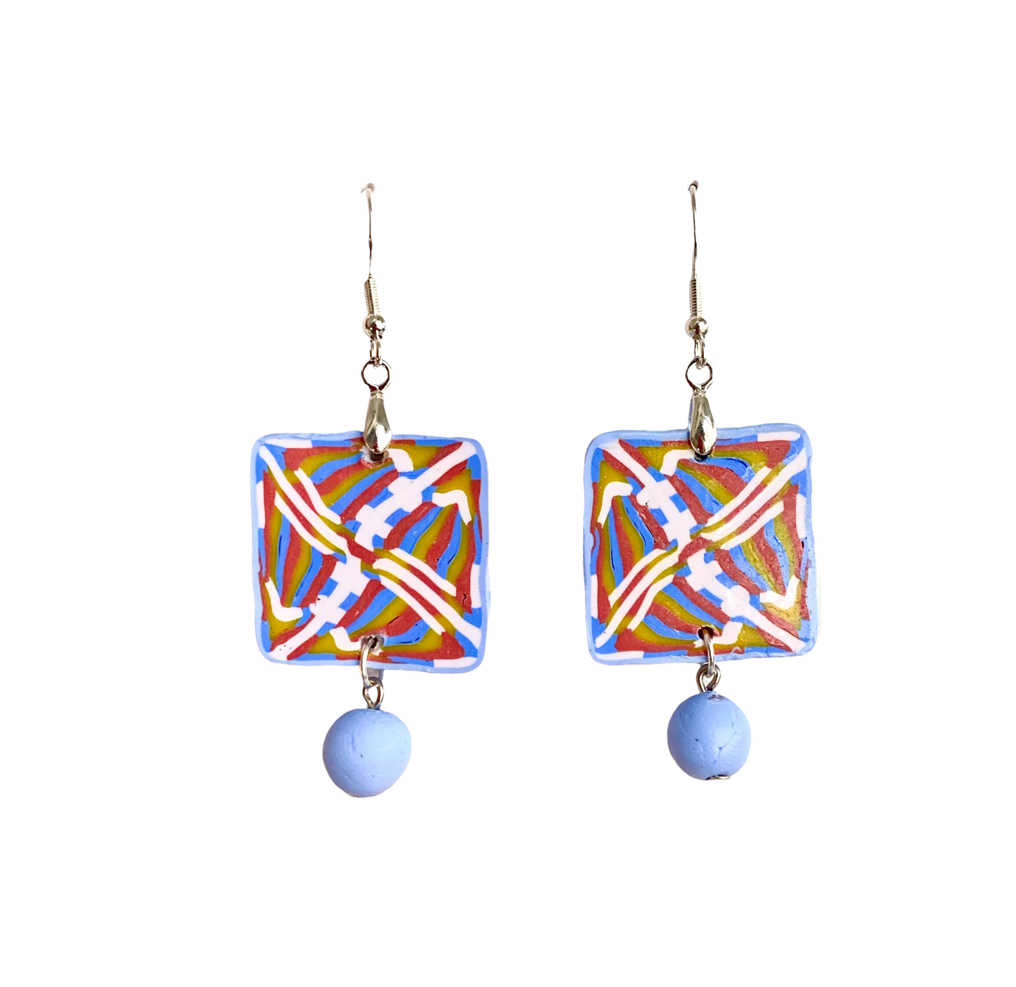 Polymer Clay Square Medium Dangle Earrings / Light Blue & Colourful