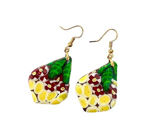 Polymer Clay Spring Garden Series / Medium Dangle Earrings / Yellow, Green and Red