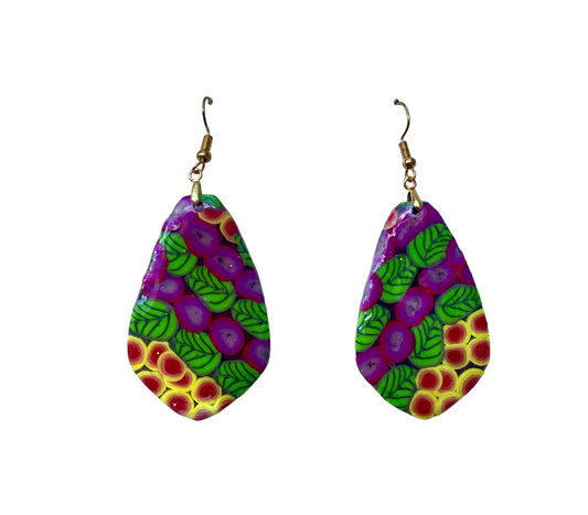 Polymer Clay Spring Garden Series / Large Dangle Earrings / Purple, Green and yellow