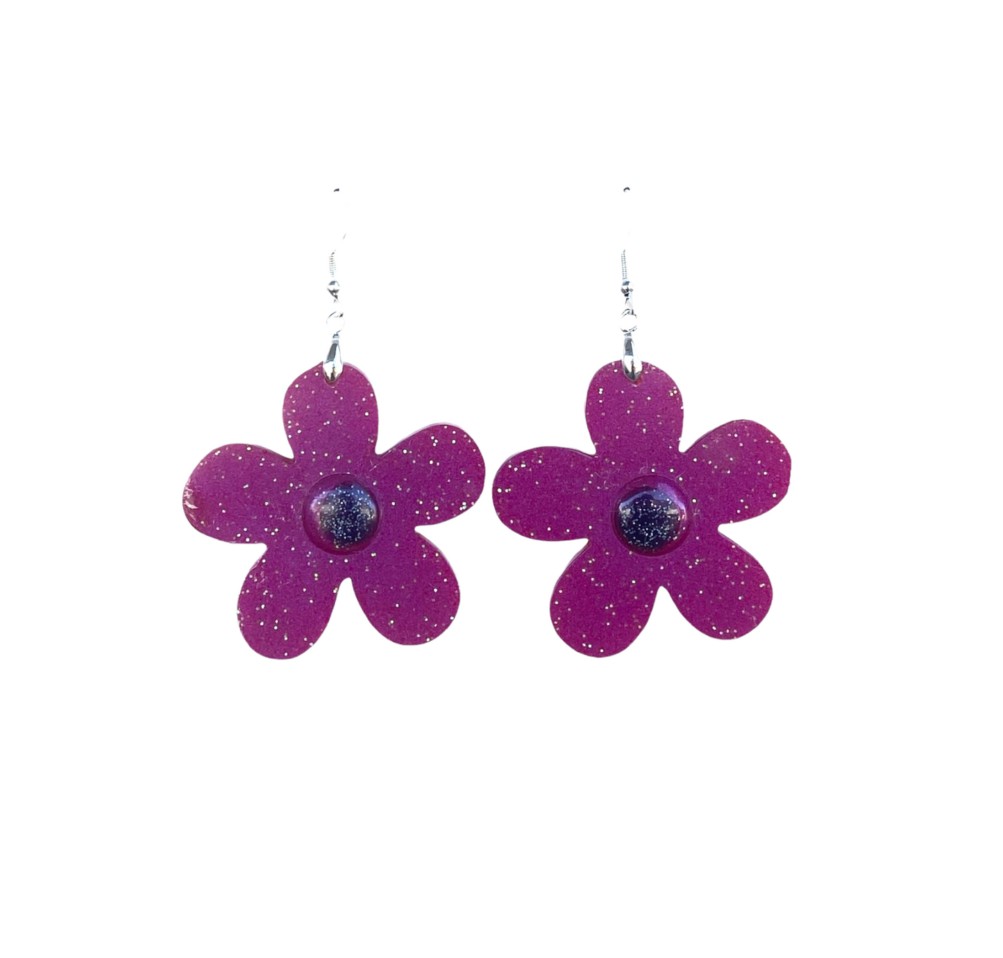 Resin Flower  Large Dangle Earrings / Purple