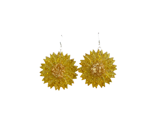 Resin Sunflower Large Dangle Earrings / Yellow
