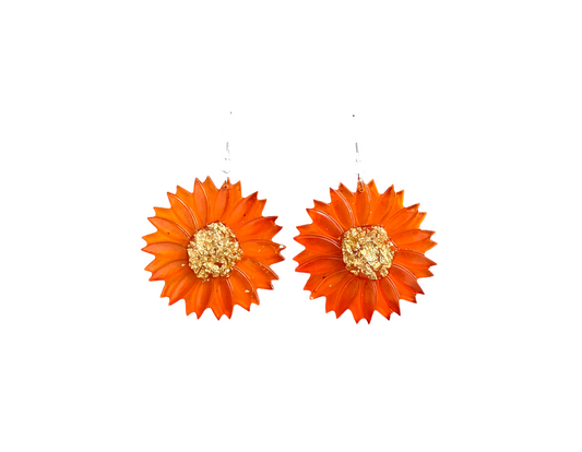 Resin Sunflower Large Dangle Earrings / Orange