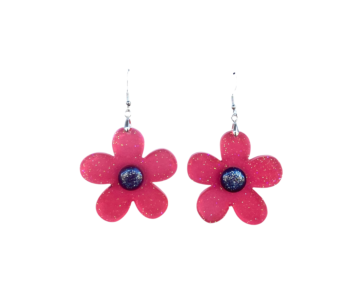 Resin Flower Large Dangle Earrings / Pink