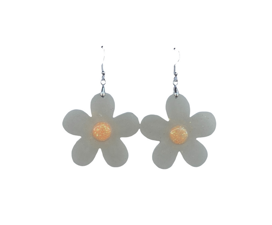 Resin Flower Large Dangle Earrings / White