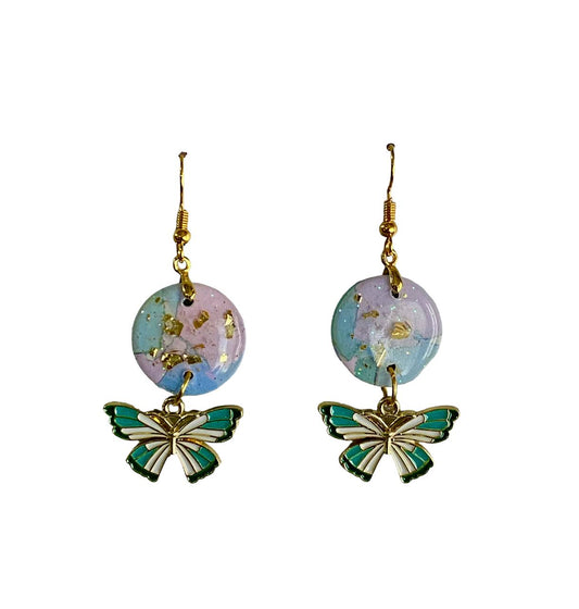 Polymer Clay Circle Medium Dangle Earrings /with Butterfly beads in 4 colours